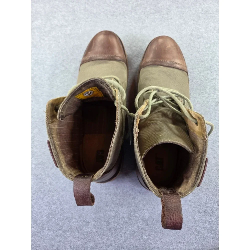CAT Mens P717016 Canvas Leather Lace Up Cap Toe Boots 12 Green Brown Workwear